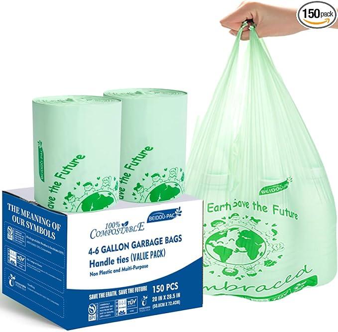 4-6 Gallon Compostable Trash Bags, 150 Count - Kitchen Trash Bags with Handle, Sturdy Biodegradable Garbage Bags for Food Scrap Waste, ASTM D6400, US BPI Certified - NeatNest