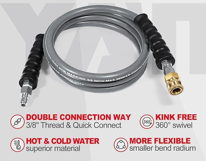 YAMATIC Non Marking 3/8" 4200PSI Pressure Washer Whip Hose 8ft with Swivel Quick Connect Jumper Hose for Hot/Cold Water Steel Wire Braided Rubber Jacket - NeatNest