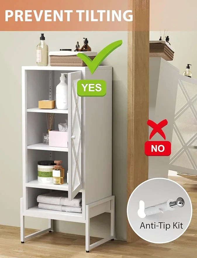 Metal Storage Cabinet with Adjustable Shelves, 42.51"H Freestanding Organizer for Pantry, Kitchen, Bathroom & Laundry Room, Strong & Rust-Resistant, Easy Assembly (White+Transparent Door Panel) - NeatNest