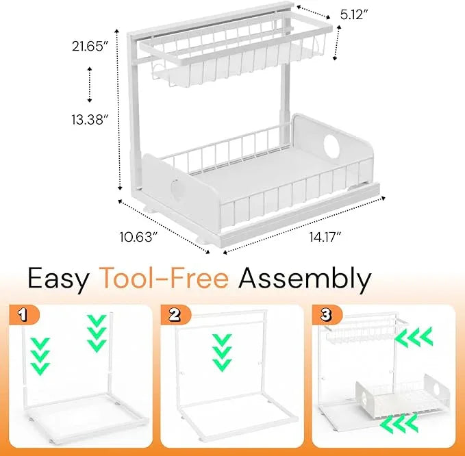 Under Sink Organizer, 1 Pack, 2 Tier Pull Out Sliding Shelf, Adjustable Height, Heavy Duty, Cabinet Organizer for Kitchen Bathroom, Tool-Free Install, White - NeatNest