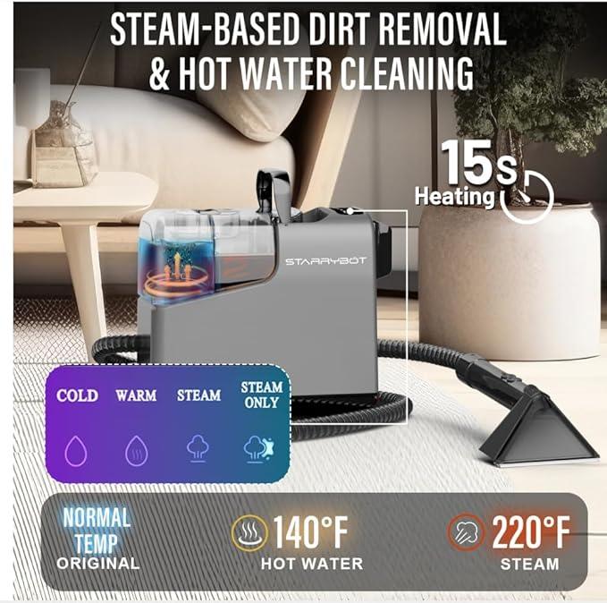 Portable Carpet Cleaner Machine with Steam and Heating Techology,18Kpa Powerful Suction with Versatile Tools for Pets, Couch,Spot Cleaner for Stairs/Furniture/Rug(Gray,3"&5"Hand Tool) - NeatNest