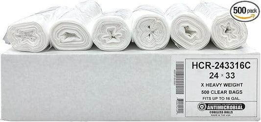 Aluf Plastics High Density Trash Bags, 12-16 Gallon, 500 Count, 16 Micron (eq), 24" x 33", Clear, For Bathroom, Office, Industrial, Commercial, Janitorial, Municipal, & Recycling - NeatNest
