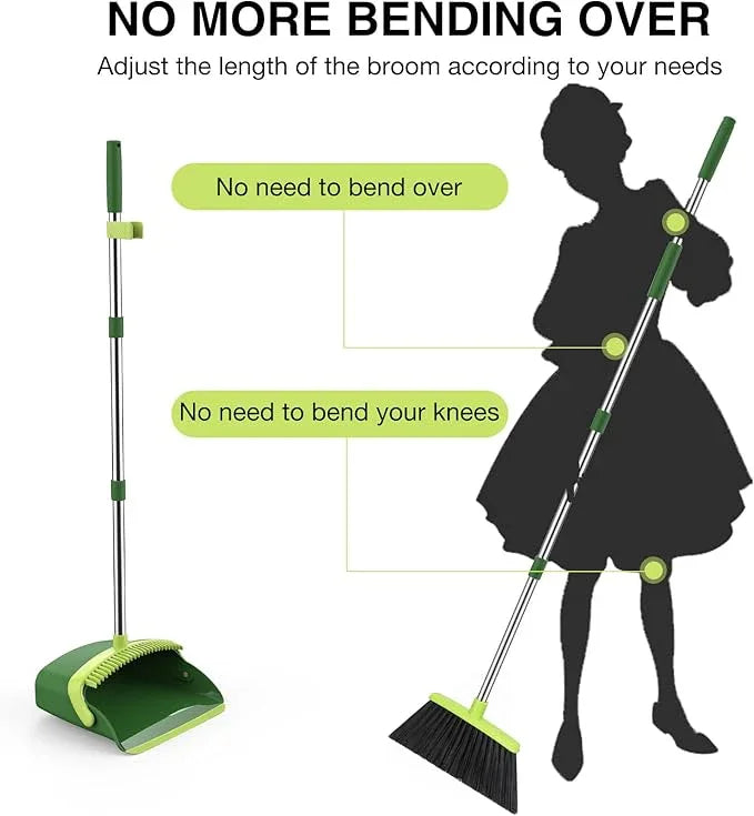 Broom and Dustpan Set, 52-in Long Adjustable Handle Broom Dustpan Combo with Dust pan Teeth to Automatically Clean Hair Suitable for Home Kitchen Office Hall Floor（Green） - NeatNest