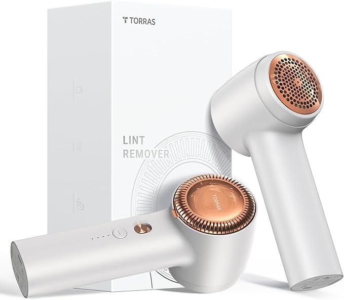 TORRAS Fabric Shaver Lint Remover, Rechargeable Electric 3-Speed Sweater Shaver Remove Fuzz, Pilling for Cashmere, Wool, Coat, Furniture, Clothes depiller with Replacement Blades, Pearl White - NeatNest