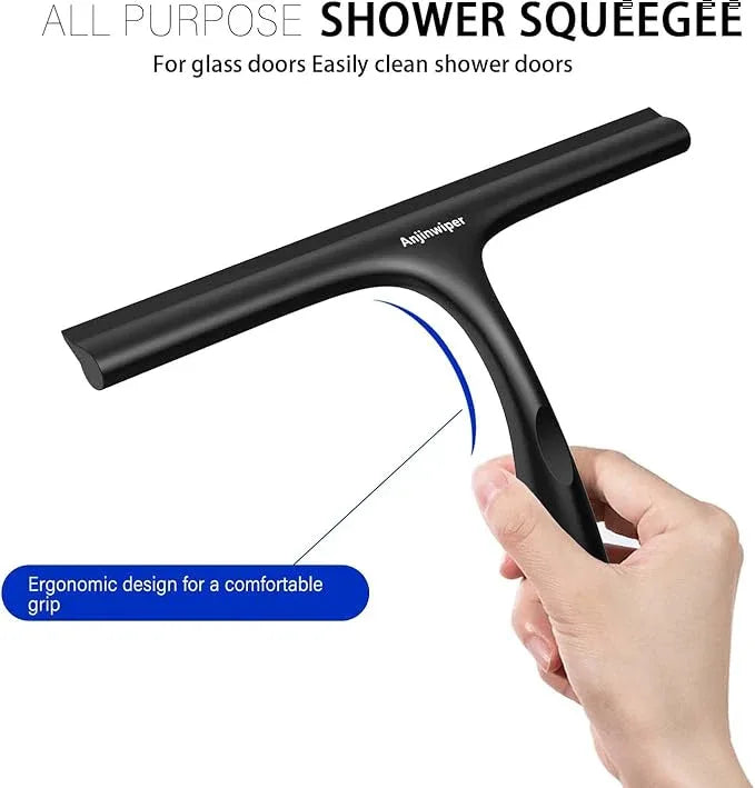 Shower Squeegee for Glass Doors with Adhesive Hook, Window Squeegee for Shower Glass, Cleaning Tile Wall, Bathroom Cleaner Tool Household Silicone Squeegee(10 inch-Black) - NeatNest