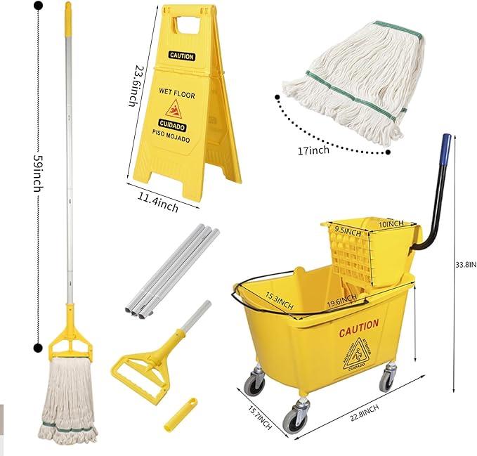 Side Press Wringer Combo Commercial Mop Bucket on Wheels, 35 Quart,Yellow, Including Wet Floor Caution Sign（24Inch） and One Industrail Mop - NeatNest