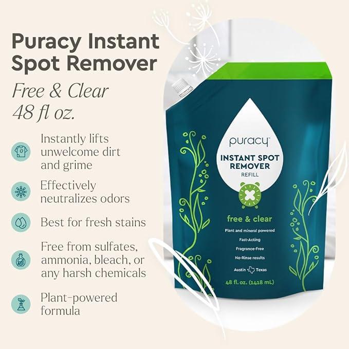 Puracy Laundry Stain Remover for Clothes Laundry - Carpet Stain Remover Carpet Spot Cleaner Couch Stain Remover - Clothes Spray, Free & Clear - Instant Spot Remover, 48 Fl Oz (Pack of 1) - NeatNest