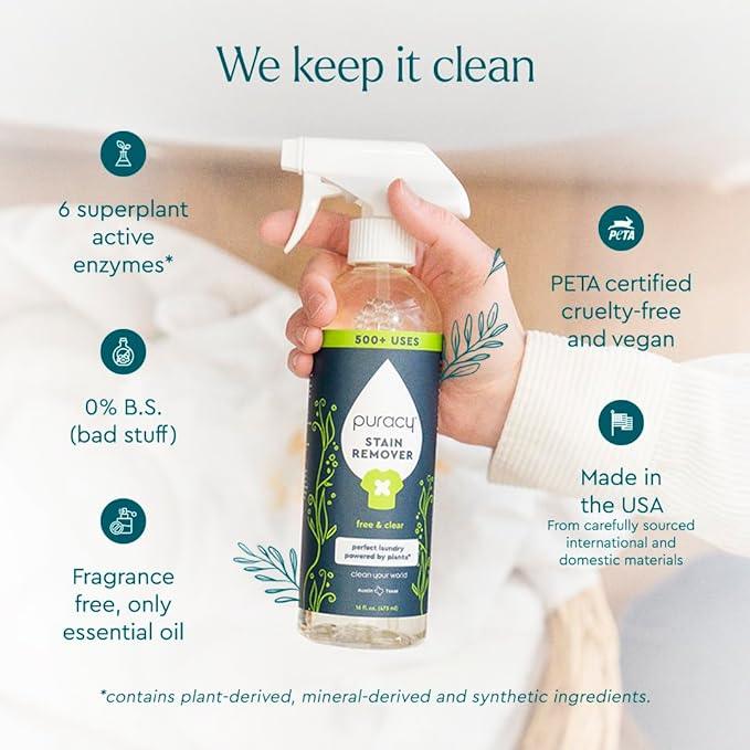 Puracy Stain Remover, Travel and Laundry Stain Cleaner for Clothes, Baby Essentials, Kids Stains, Oil and Fabric Spot Cleaner, Unscented (Stain Remover Spray, 12 fl oz) - NeatNest