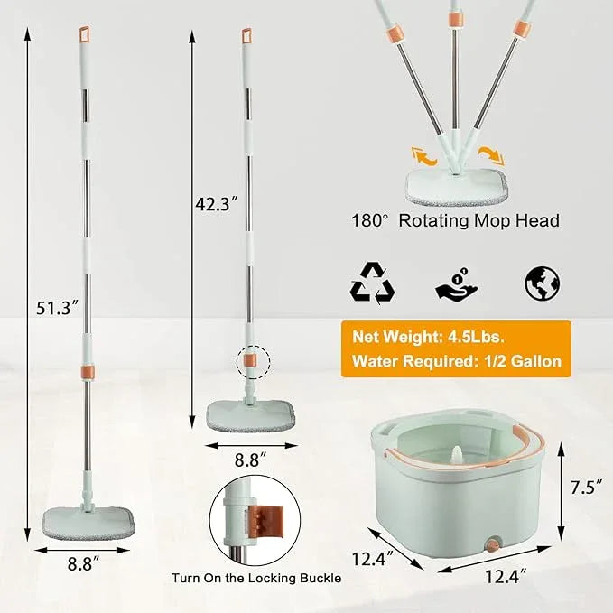 Flat Floor Mop and Bucket System Set with Wringer, Spin Mop and Bucket Separate Clean and Dirty Water with Self Separation for Hardwood, Laminate, Tile, Floor Cleaning, Wet and Dry Use, LightCyan - NeatNest