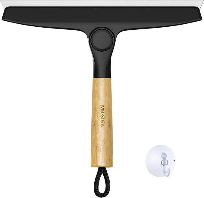 MR.SIGA All Purpose Silicone Squeegee for Shower Door, Mirror, Glass, Streak Free Shower Squeegee, Pivoting Bamboo Handle, Includes 1 Suction Hook, 10 inch Wide, Black, 1 Pack - NeatNest