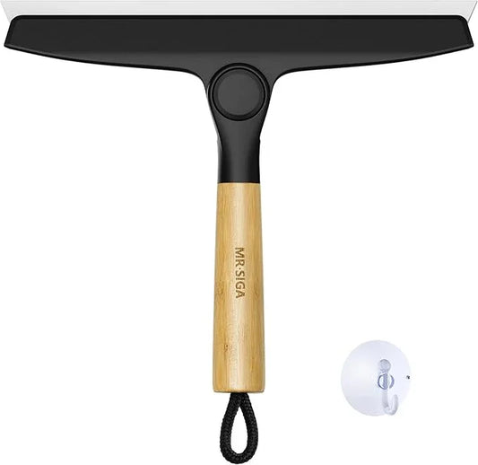 MR.SIGA All Purpose Silicone Squeegee for Shower Door, Mirror, Glass, Streak Free Shower Squeegee, Pivoting Bamboo Handle, Includes 1 Suction Hook, 10 inch Wide, Black, 1 Pack - NeatNest