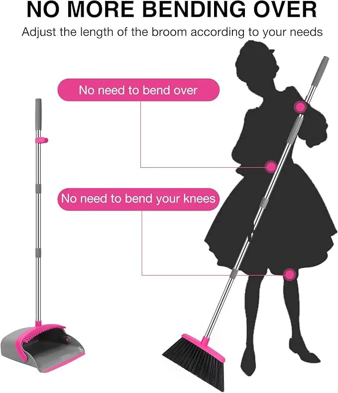 NACENA Broom and Dustpan Set, 52-in Long Adjustable Handle Broom Dustpan Combo with Dustpan Teeth to Automatically Clean Hair Suitable for Home Kitchen Office Hall Floor (Grey&Rose), 4 Pack - NeatNest