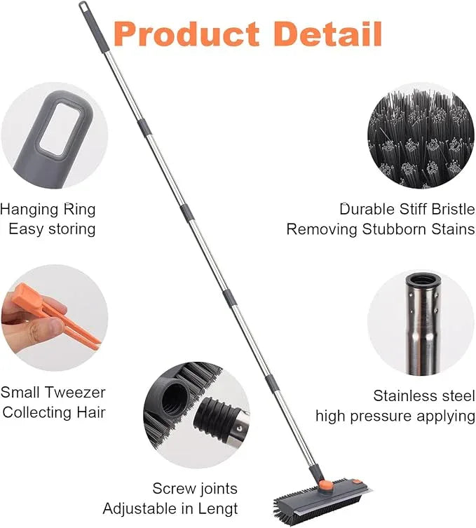 Floor Scrub Brush with 64" Long Handle - 360° Swivel Heads Household Push Brush with Squeegee and Right Angled Bristle for Cleaning Concrete Floors Grout Gardens Patio Deck Concrete Garage Heavy Duty - NeatNest