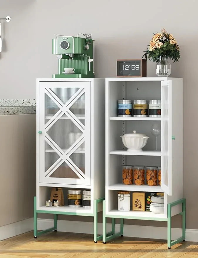 Metal Storage Cabinet with Adjustable Shelves, 42.53"H Freestanding Organizer for Pantry, Kitchen, Bathroom & Laundry Room, Strong & Rust-Resistant, Easy Assembly (White+Green Transparent Door Panel) - NeatNest