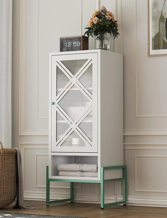 Metal Storage Cabinet with Adjustable Shelves, 42.53"H Freestanding Organizer for Pantry, Kitchen, Bathroom & Laundry Room, Strong & Rust-Resistant, Easy Assembly (White+Green Transparent Door Panel) - NeatNest