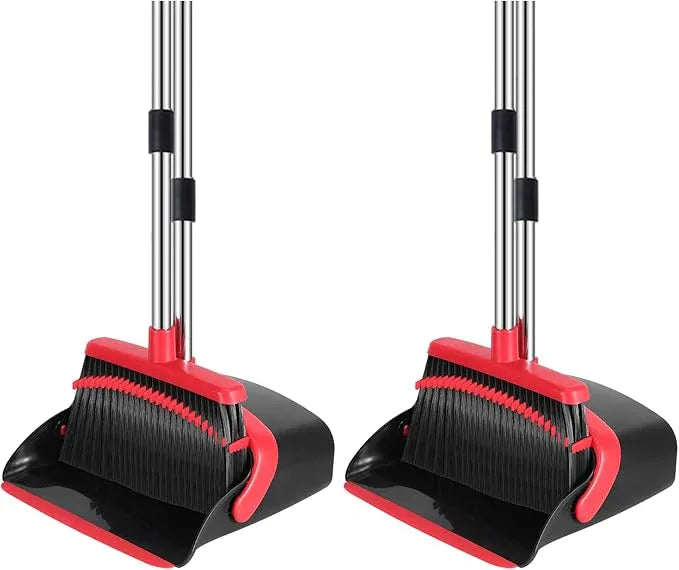 NACENA Broom and Dustpan Set, 52-in Long Adjustable Handle Broom Dustpan Combo with Dustpan Teeth to Automatically Clean Hair Suitable for Home Kitchen Office Hall Floor (Black&Red), 2 Pack - NeatNest