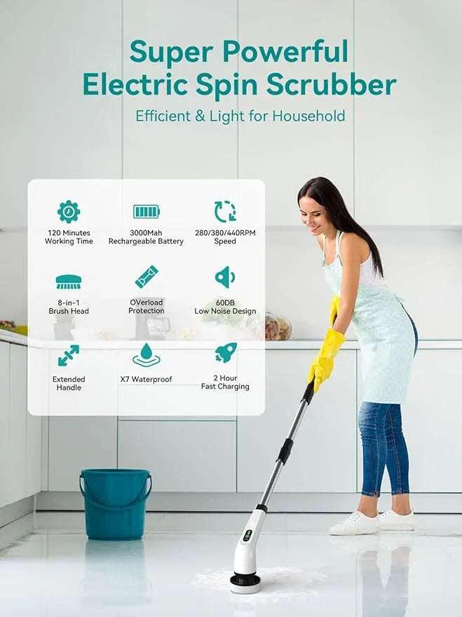 3-Speed Electric Spin Scrubber for Bathroom, 120Mins Runtime, Cordless Power Cleaning Brush with 8 Brush Heads, 3000mAh Shower Scrubber with Long Handle, Floor Scrubber, Grout Brush Bathtub Cleaning - NeatNest