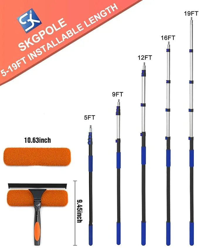 26FT Reach Window Squeegee for Window Cleaning Kit with 5-19 Foot Telescoping Extension Pole, 2 in 1 Window Squeegee, Cobweb Duster, Dust Kit Window Washing Kit for Car, Shower Glass Door - NeatNest