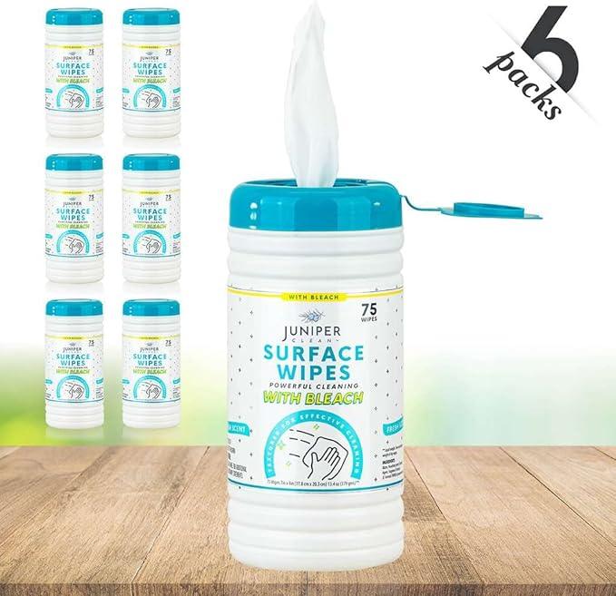 6 Pack Surface Cleaning Wipes with Bleach, All-Purpose Cleaner for Bathroom, Kitchen, Office, 450 Count Canister, Fresh Scent, 7.5" x 7" Sheet, Lint Free & Durable - NeatNest