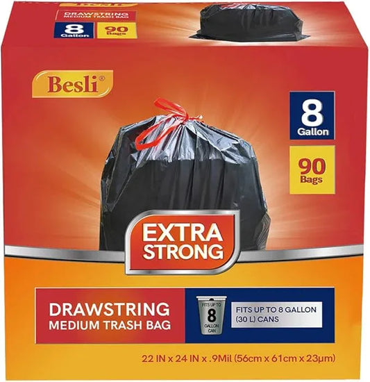 Besli 8 Gallon Black Drawstring Trash Bag Garbage Bag Trash Can Liner,0.9 Mil,90 Counts - NeatNest