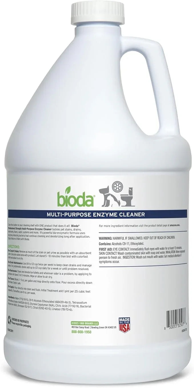 Bioda Multi-Purpose Probiotic Enzyme Cleaner and Deodorizer | Professional Strength | Trash Can Deodorizer, Pet Stains and Odors, Drains, Floors, Bathrooms, Toilets | Made in USA | 1 Gallon - NeatNest