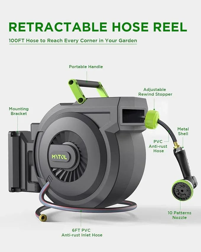 Retractable Garden Hose Reel, 1/2 Inch x 100 ft + 6 ft Wall Mount Hose Reel with Automatic Slow Rewind System, Any Length Lock, 10 Patterns Hose Nozzle, 180°Swivel Bracket, for Garden Watering - NeatNest