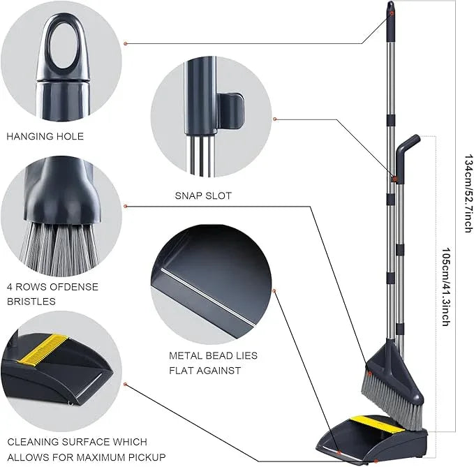 MOPUP Broom and Dustpan Set, 52 inch Long Adjustable Handle Broom with Dustpan Teeth to Self-Cleaning Clean Hair Suitable for Home Kitchen Office - NeatNest