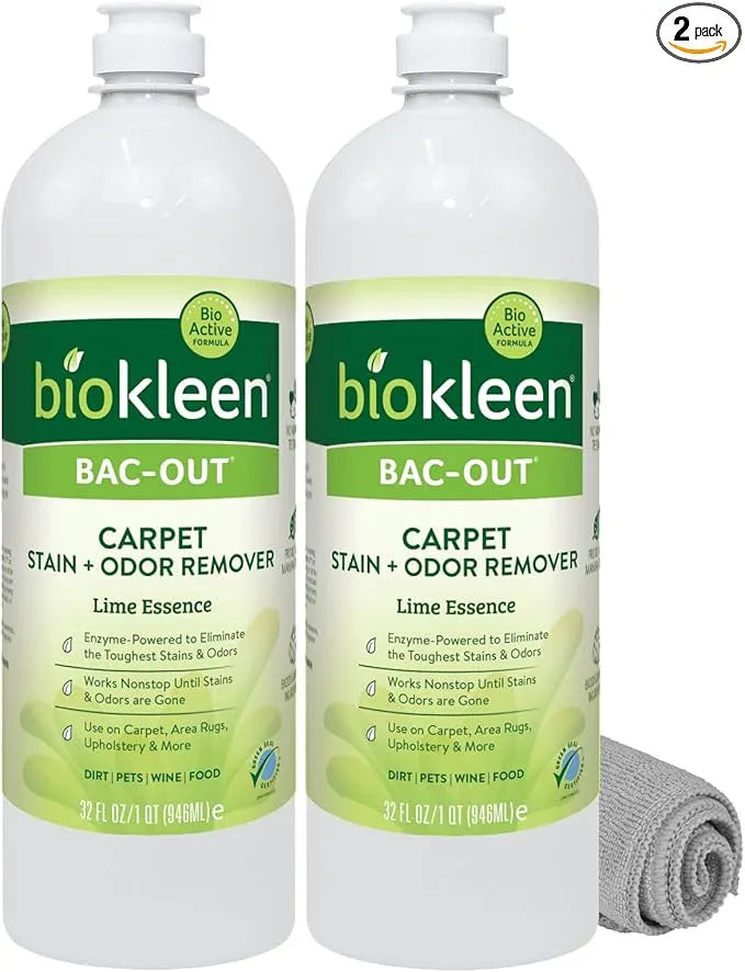 Biokleen Bac-Out Enzymatic Stain & Odor Remover for Carpet - Removes Stains and odors caused by dirt, pet accidents, wine, food, smoke - 2 Pack 32 oz w/Micro Cleaning Towel - NeatNest