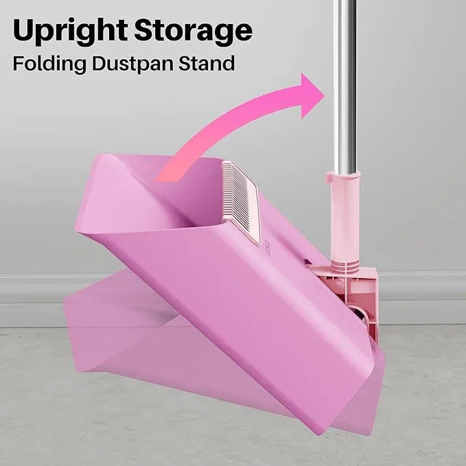 JOYMOOP Pink Broom and Dustpan Set, Upright Angle with Built-in Comb Teeth for Kitchen, Lobby, Pet Hair and Hard Floors - NeatNest