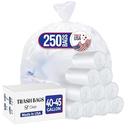 Delxo 40-45 Gallon Clear Trash Bags, 250 Count – Medium Duty Garbage Bags, Thick, Durable & Puncture-Resistant Plastic – Made in USA for Kitchen, Yard, Office & Party - NeatNest