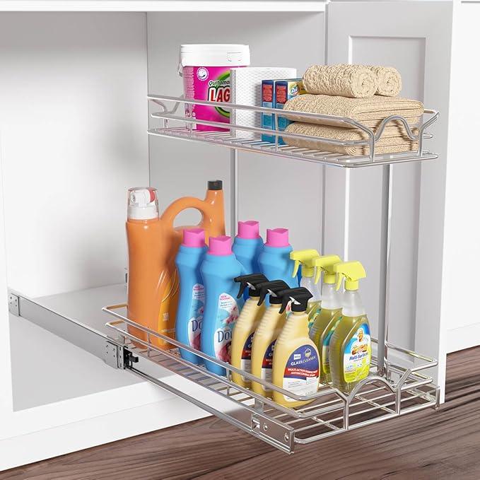 OCG Under Sink Cabinet Organizer Two Tier Pull Out Shelf (11.75W x21D), Under Sink Sliding Shelf for Kitchen Bathroom Cabinet 2 Tier Chrome - NeatNest