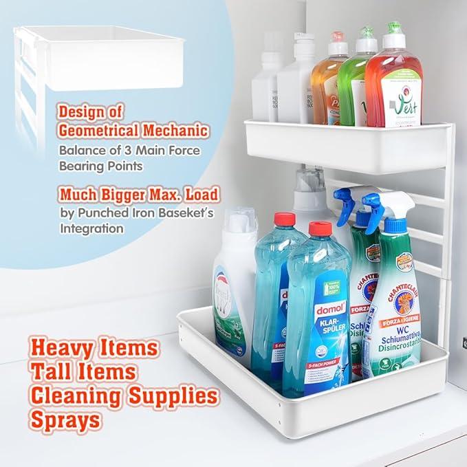 EVERIE Metal Pull Out Slide Shelf Organizer for Framed or Frameless Under Sink CabinetsOrganization in Kitchen, Bathroom, Counter, Cabinets (White, 1 Set) - NeatNest