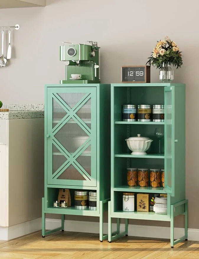 Metal Storage Cabinet with Adjustable Shelves, 42.54"H Freestanding Organizer for Pantry, Kitchen, Bathroom & Laundry Room, Strong & Rust-Resistant, Easy Assembly (Green+Transparent Door Panel) - NeatNest