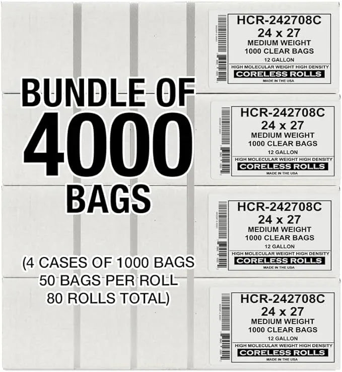 Aluf Plastics High Density Trash Bags, 12 Gallon, 4000 Count, 8 Micron (eq), 24" x 27", Clear, for Bathroom, Office, Industrial, Commercial, Janitorial, Municipal, Recycling - NeatNest