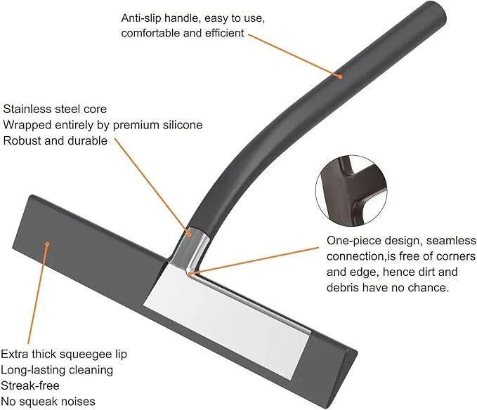 All -Purpose Silicone Shower Squeegee for Shower Glass Door with Hook, Bathroom Accessories for Window Mirror Tile Car Shower Walls,Household Shower Cleaner Tool (Black, 11inch) - NeatNest