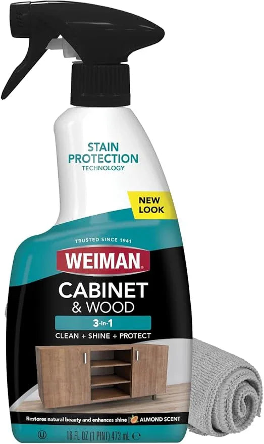 Weiman Cabinet & Wood Clean & Shine Spray - Furniture, Kitchen Cabinets, Baseboard & Trim, Fresh Almond Scent, Microfiber Cloth Included - NeatNest