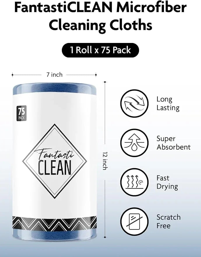 Fantasticlean Microfiber Cleaning Cloth Roll -75 Pack, Tear Away Microfiber Towels, 12" x 12", Reusable, Washable, Scratch Free, Ultra Absorbent Dish Rags for Car, Home, Garage or Shop (Navy Blue) - NeatNest