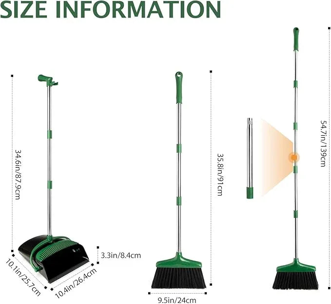 Broom and Dustpan Set with Long Handle, Light Weight Stainless Steel Poles Stand Upright Dustpans with Broom Combo for Home Kitchen Office Pet Dog Hair, 1-Pack(Black Green) - NeatNest