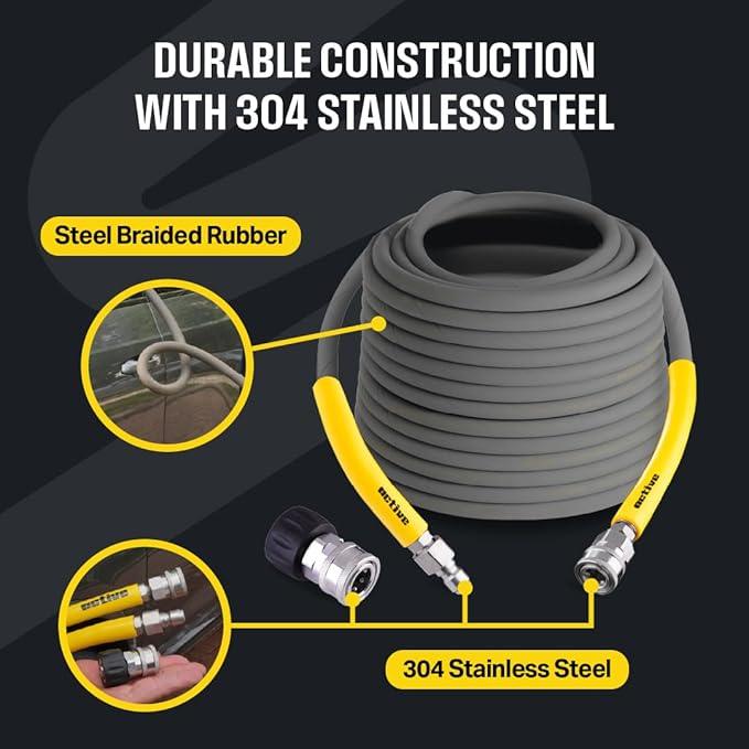 Active 75’ Pressure Washer Hose Compatible with gas and electric pressure washers (M22-14mm) Kink resistant, flexible steel braided power washer hose, max operating spec of 4000 PSI & 12 GPM and 212°F - NeatNest