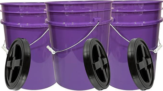House Naturals 5 Gallon Purple Food Grade Plastic Bucket with Screw on Airtight lid, BPA Free, Made in USA (Pack of 3) (Purple Buckets with Black lids) - NeatNest