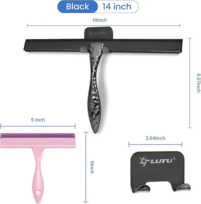 All-Purpose Silicone Shower Squeegee for Shower Glass Door,with 2 Hooks & Pink Mini Squeegee,for Bathroom Glass, Car, Tile Wall, Mirror Cleaning - Easy-Grip Handle 14 Inch Black - NeatNest