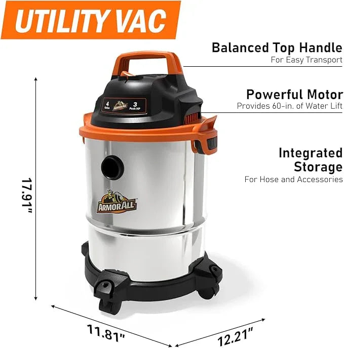 Armor All VO408S 0901 4 Gallon 3 Peak HP Stainless Steel Wet/Dry Vacuum, Orange - NeatNest