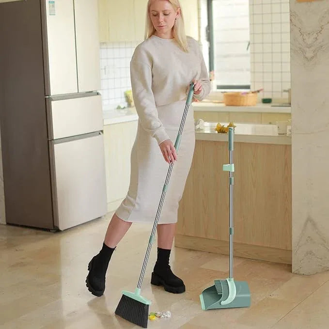 Broom and Dustpan Set for Home, Dust pan with Long Handle, Broom with Dustpan Combo Set, for Home Kitchen Room Office Lobby Floor Use Upright Stand Up Sweeping (Gray&Green) - NeatNest