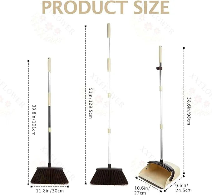 Broom and Dustpan Set with Long Handle, Heavy Dust Broom and Dustpan Combo for Home，Kitchen, Office, Pet Hair(Beige) - NeatNest