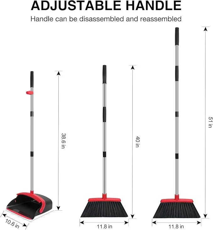 NACENA Broom and Dustpan Set, 52-in Long Adjustable Handle Broom Dustpan Combo with Dustpan Teeth to Automatically Clean Hair Suitable for Home Kitchen Office Hall Floor (Black&Red), 4 Pack - NeatNest