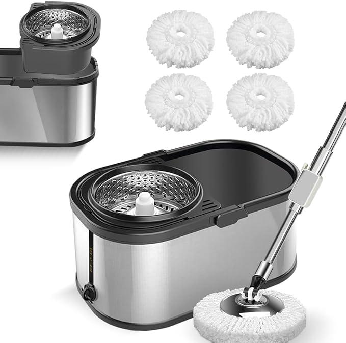 Spin Mop and Bucket with Wringer Set for Home,360° Mop and Bucket with Separate Clean and Dirty Water,Wet Dust Mop for Floor Cleaning with Extra Refills (Silver) - NeatNest