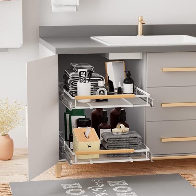 Expandable Sliding Basket Drawer, Pull-Out Cabinet Organizer, Heavy Duty Slide Out Pantry Shelves for Kitchen, Under Sink, Bathroom, Wardrobe, 22''D - NeatNest