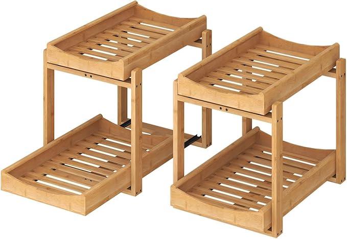 Bamboo Under Sink Organizer and Storage, 2 Pack Pull Out Cabinet Organization, 2 Tier Vertical Slide Out Undersink Storage Shelf, Multi-Purpose Organizer Shelves for Kitchen Bathroom Medicine - NeatNest