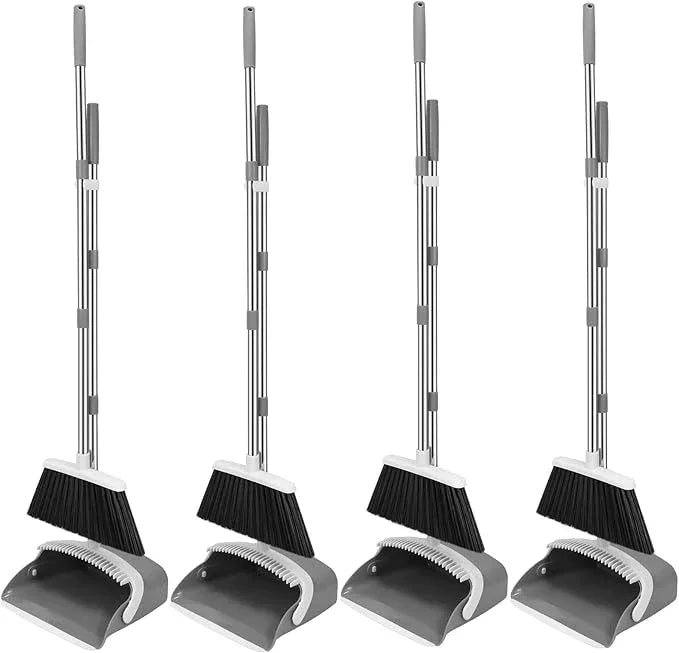 NACENA Broom and Dustpan Set, 52-in Long Adjustable Handle Broom Dustpan Combo with Dustpan Teeth to Automatically Clean Hair Suitable for Home Kitchen Office Hall Floor (Grey&White), 4 Pack - NeatNest
