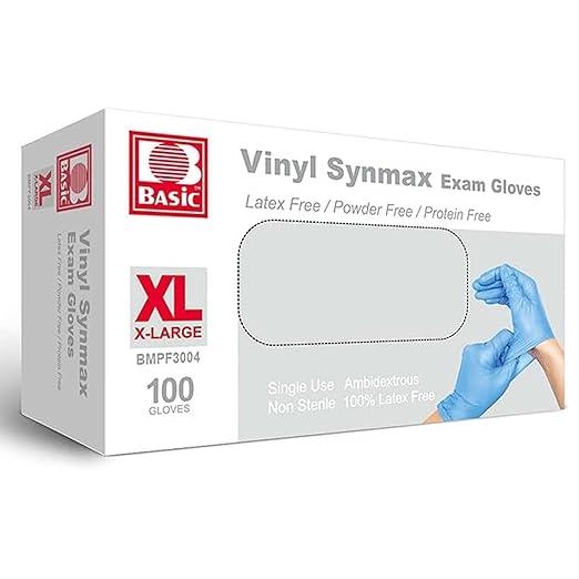 Basic Medical Synmax Vinyl Exam Gloves - Latex-Free & Powder-Free - X-Large, BMPF-3004 Blue Box of 100 - NeatNest